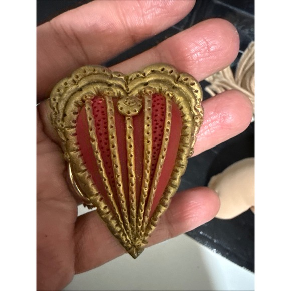 Jewelry - Heart Shaped Brooch Pin Gold Tone Red Artisan Unique Vintage Style Signed